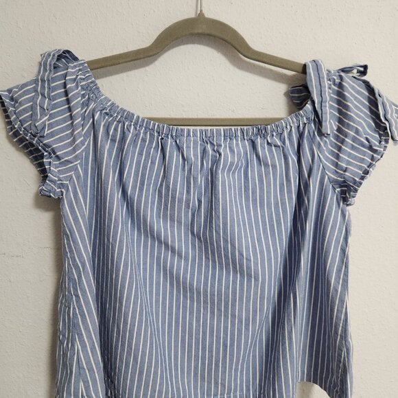 Nordstrom Lush 100% Cotton Off Shoulder French AllureBlue Striped Shirt Medium - Picture 3 of 7